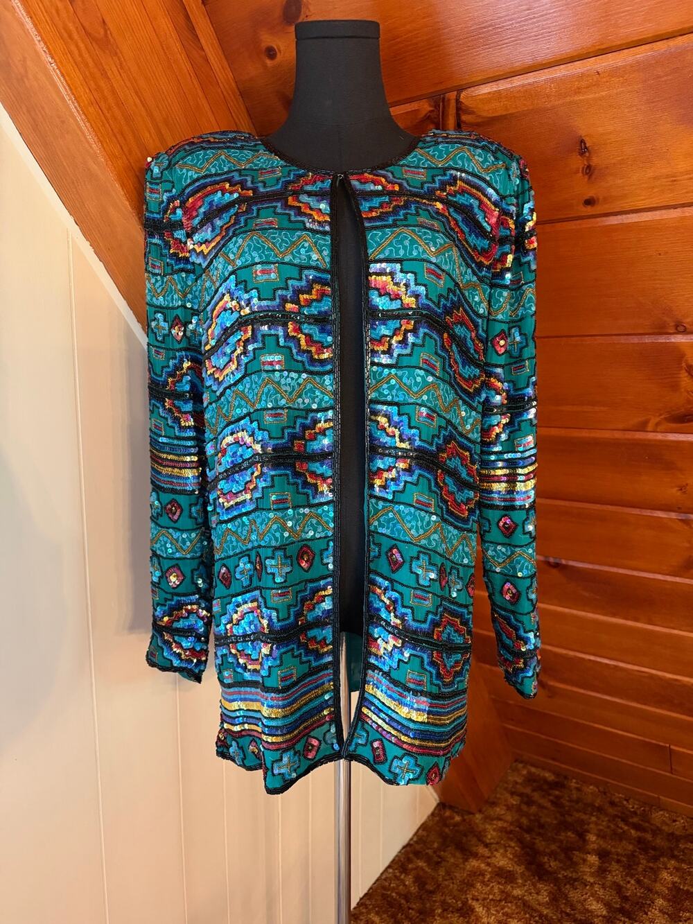 Vintage 80s Carina Silk Beaded Sequin Jacket sz M Southwest Aztec Geometric Teal